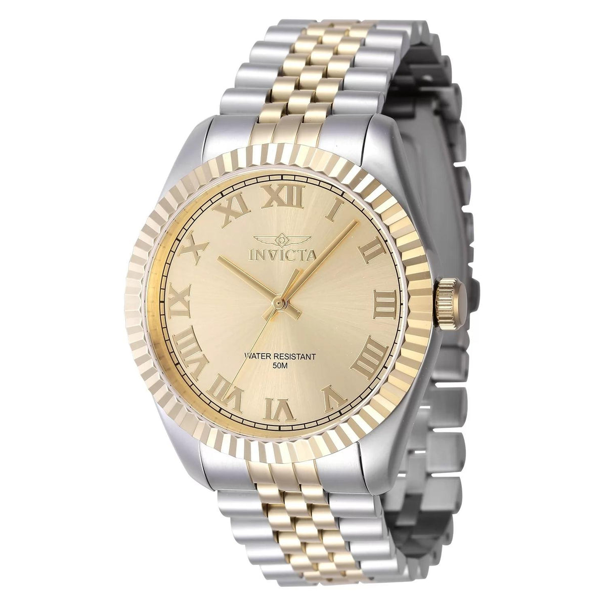 Invicta 47404 watch with gold dial and stainless steel band