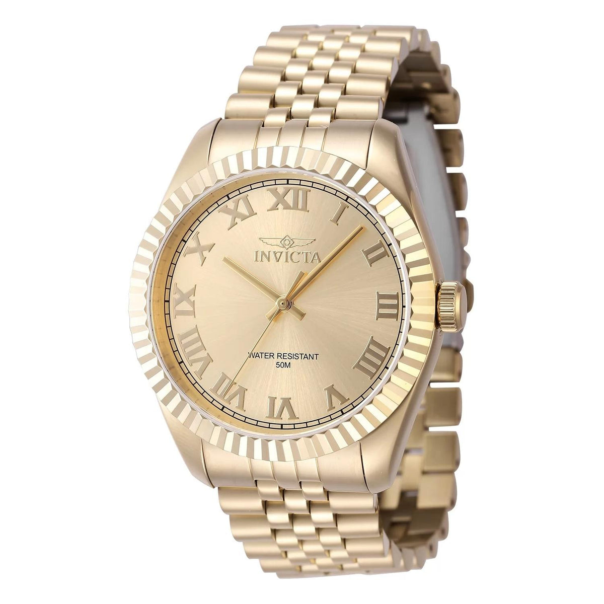 Invicta 47406 watch with gold dial and stainless steel band