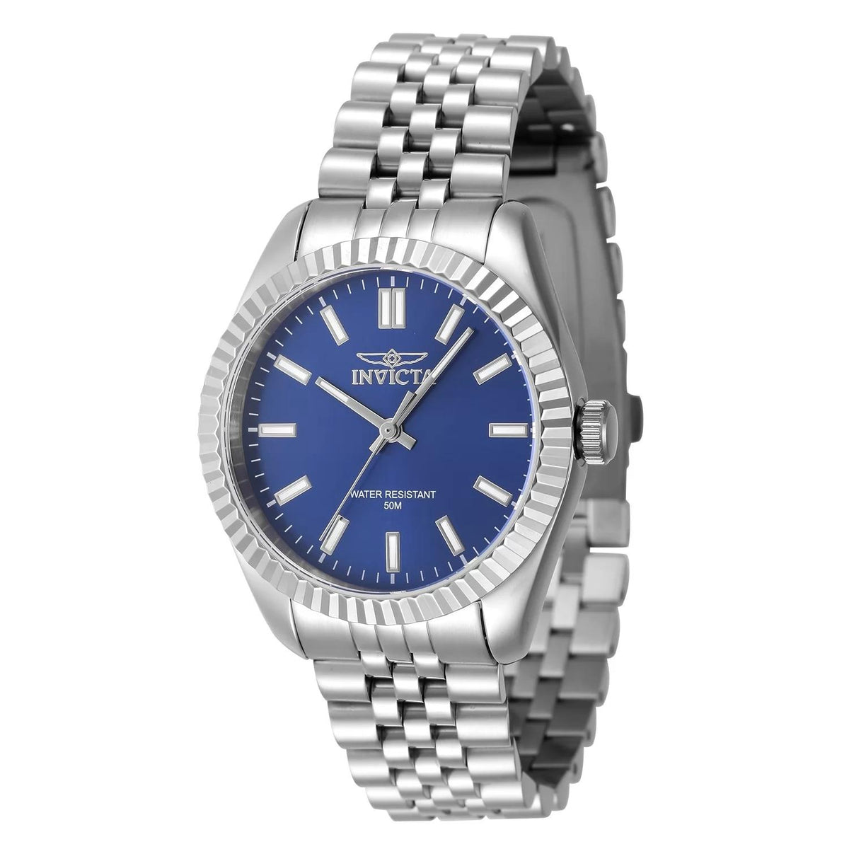 Invicta 47497 watch with blue dial and stainless steel band