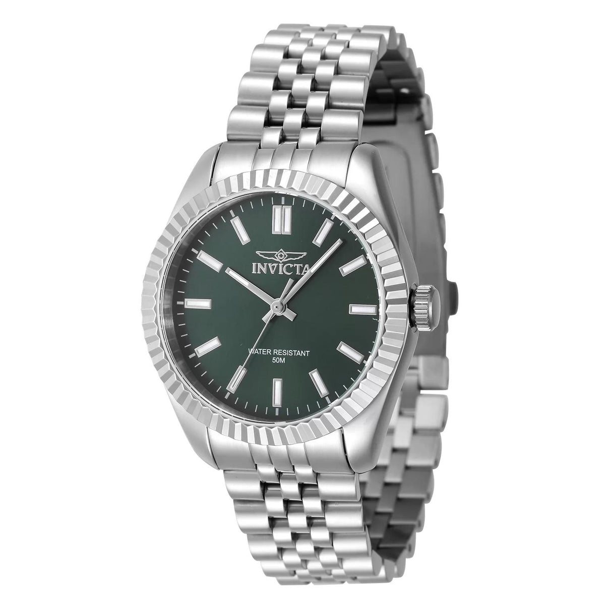 Invicta 47496 watch with green dial and stainless steel band