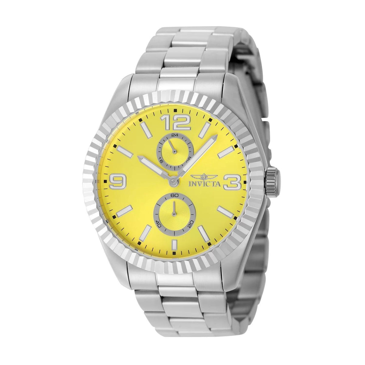 Invicta 49528 watch with yellow dial and stainless steel band