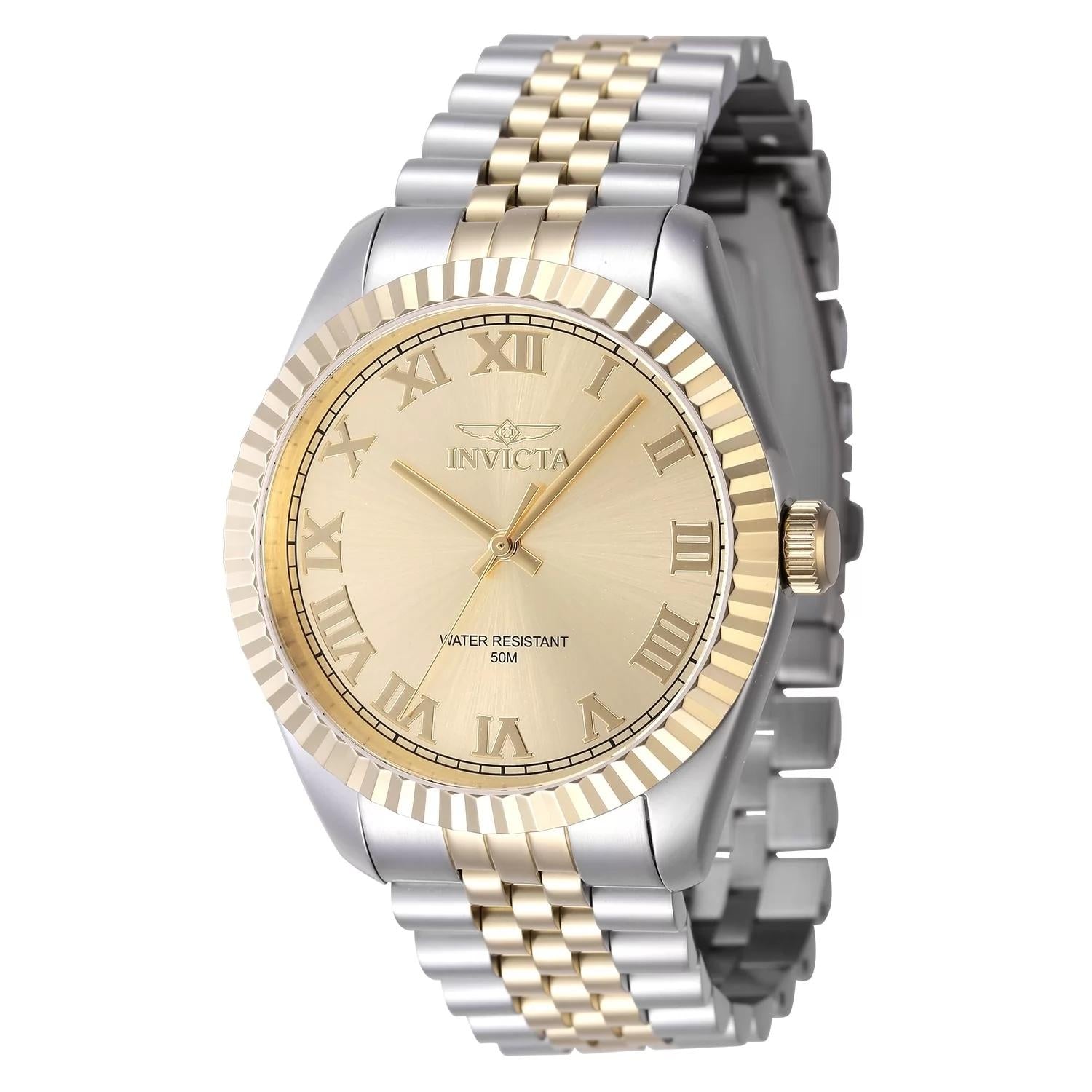 Invicta 47404 watch with gold dial and stainless steel band