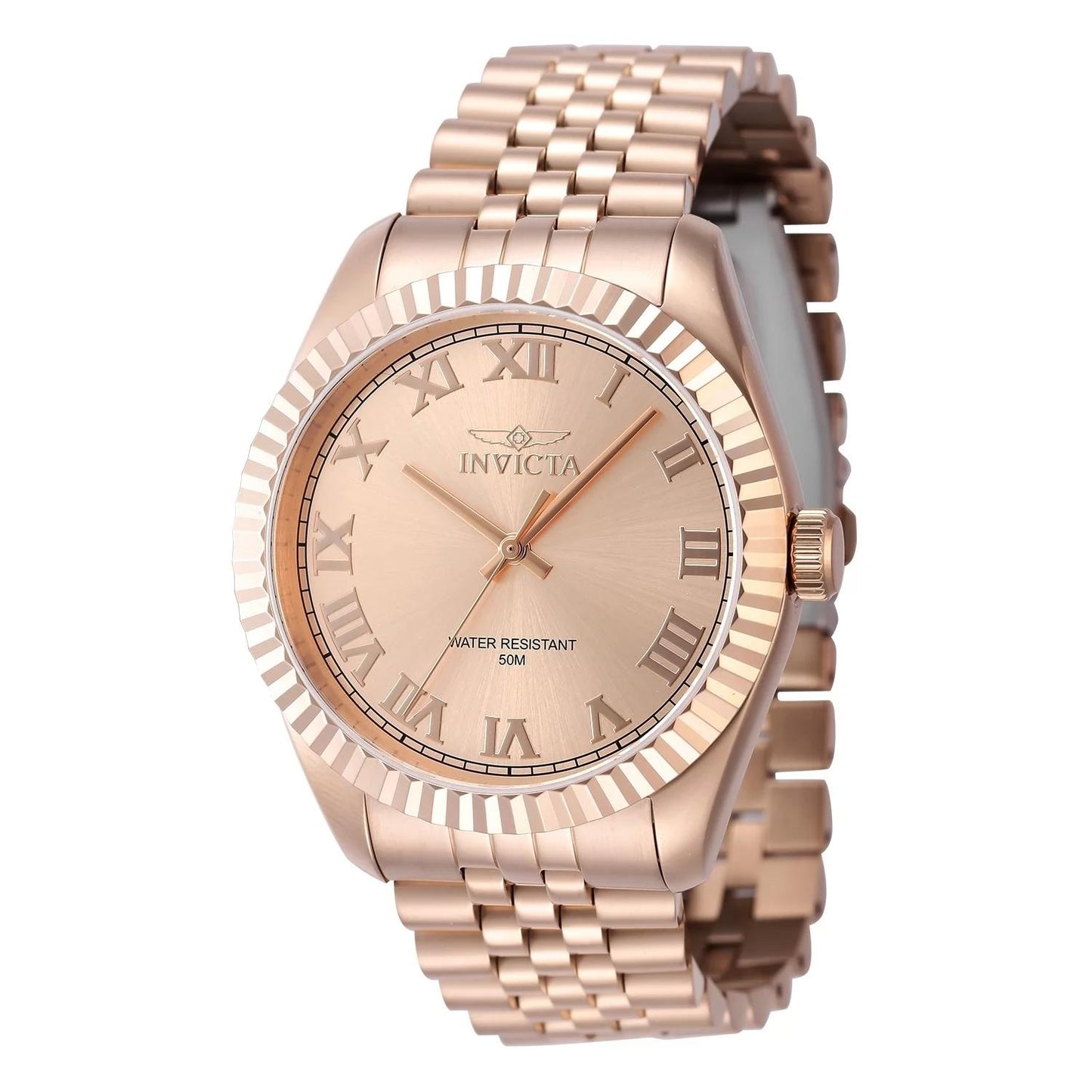 Invicta 47407 watch with rose gold dial and stainless steel band