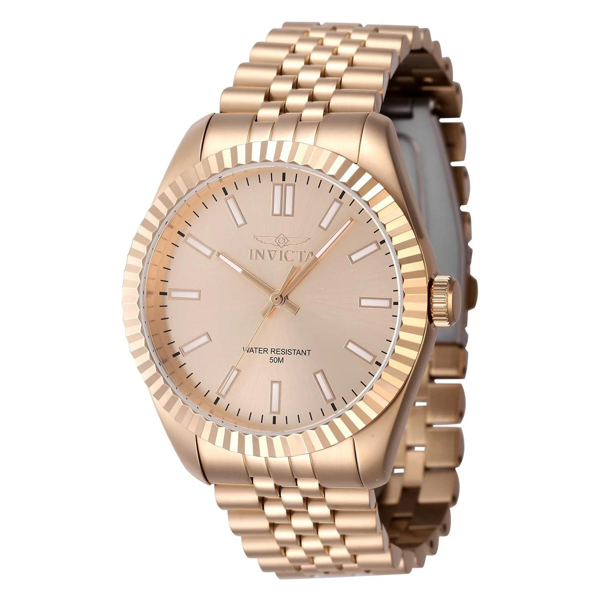 Invicta 47493 watch with rose gold dial and stainless steel band