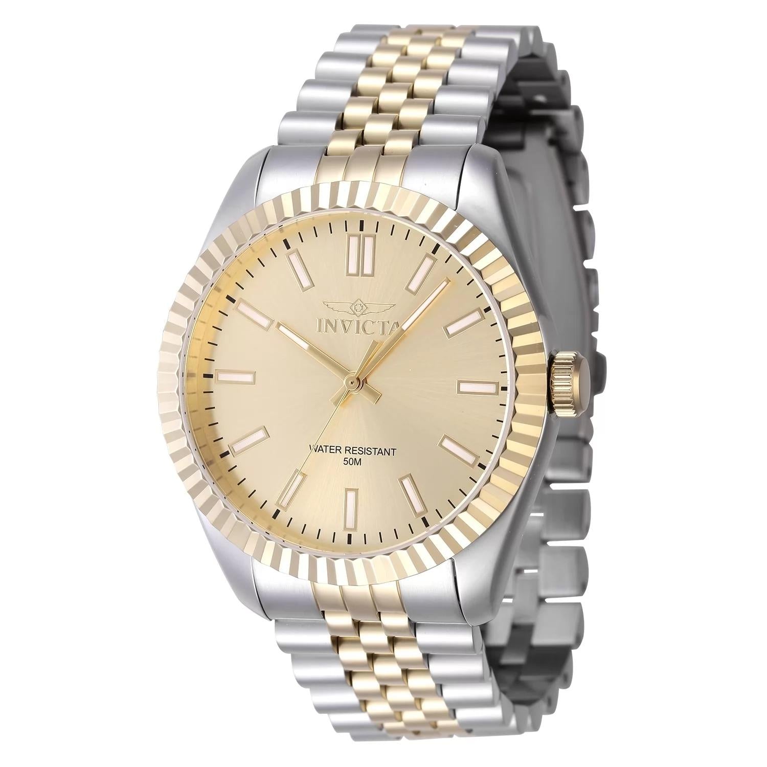 Invicta 47487 watch with gold dial and stainless steel band