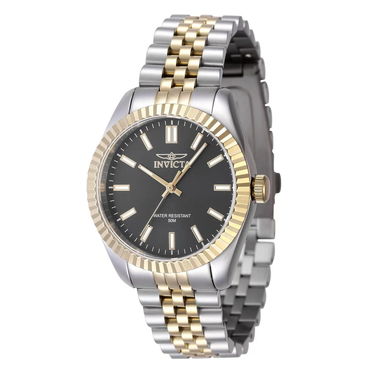 Invicta 47499 watch with black dial and stainless steel band