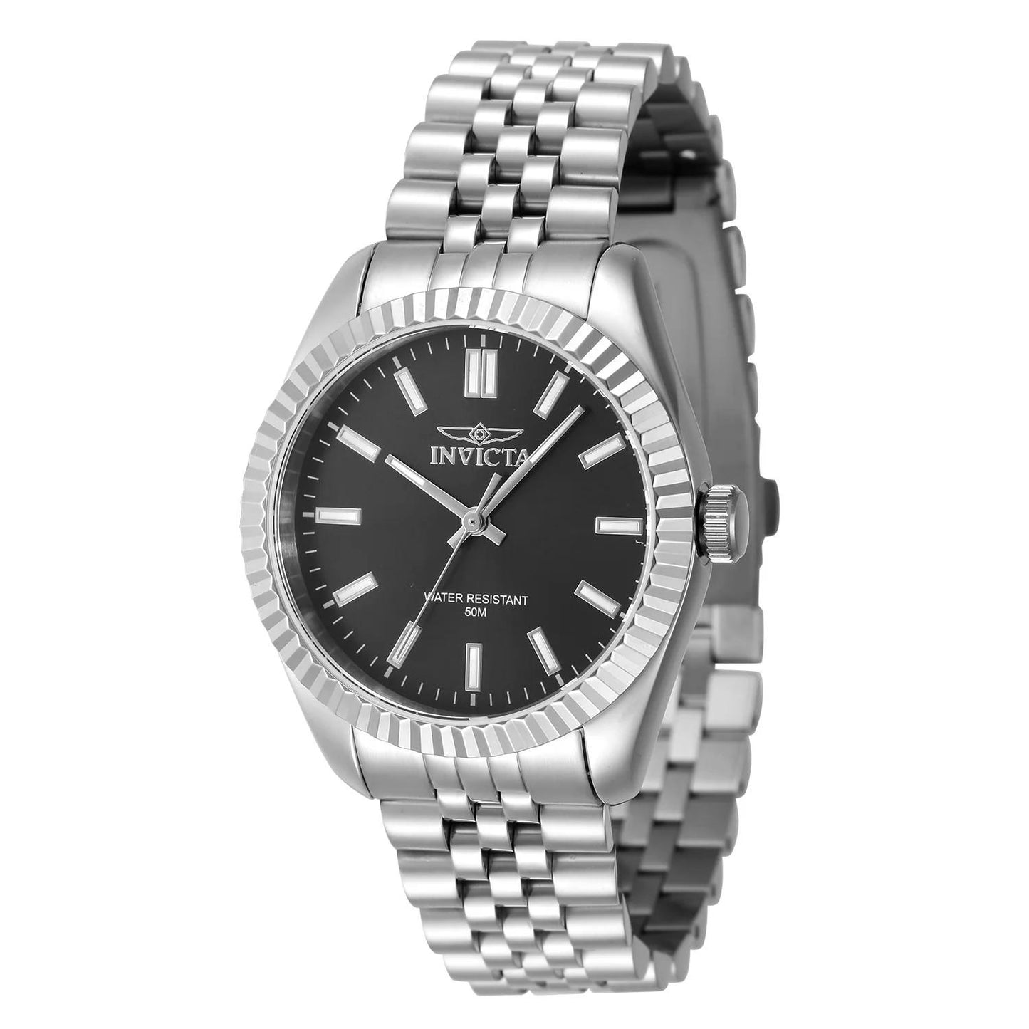 Invicta 47494 watch with black dial and stainless steel band