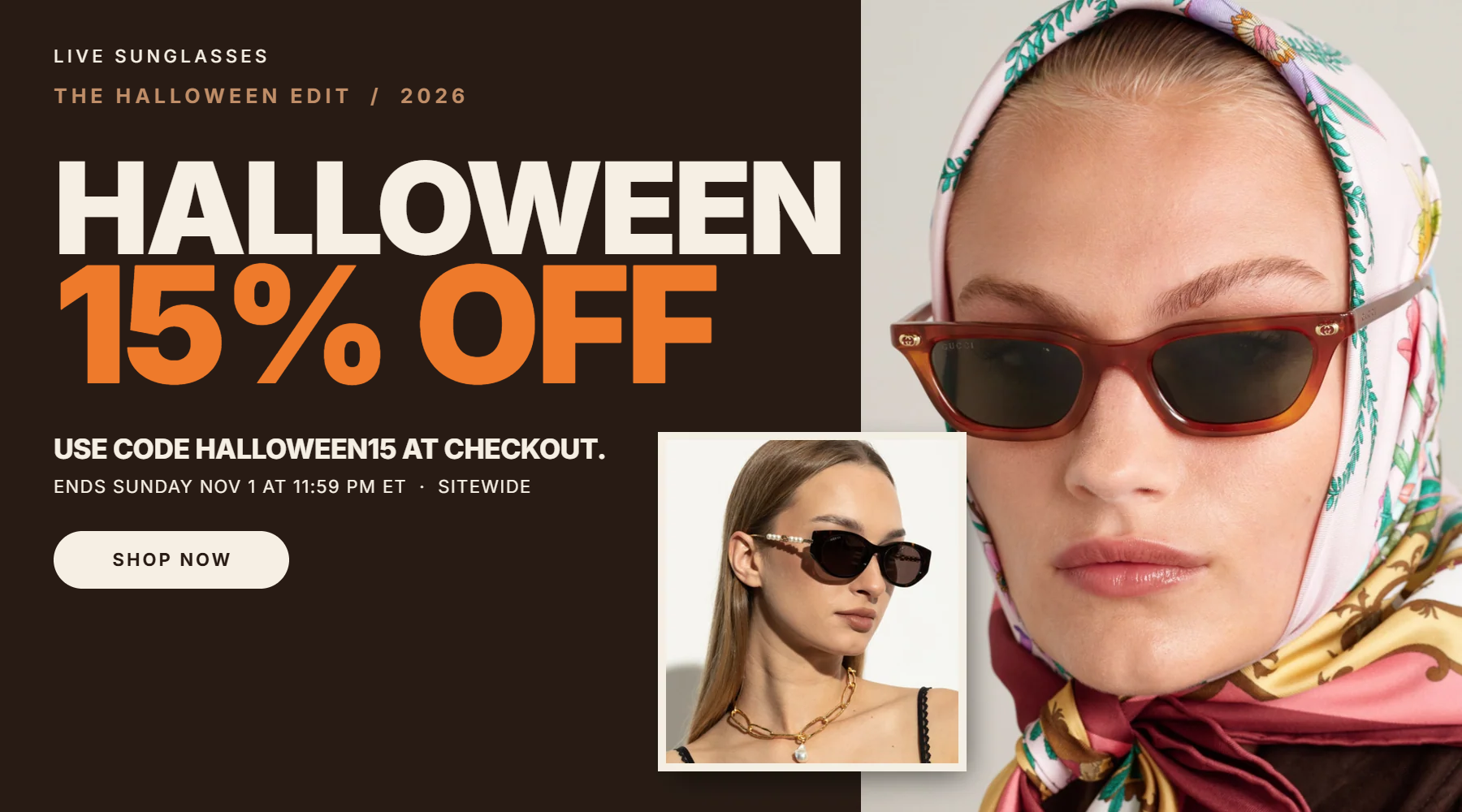 Halloween 15% off designer eyewear, code HALLOWEEN15